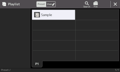 Playlist screen showing Preset area with Sample playlist.