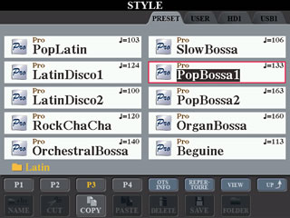 STYLE Screen showing PopBossa1 in PRESET folder.