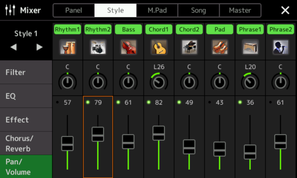 Mixer screen for Style adjusting Rhythm2 vulume.