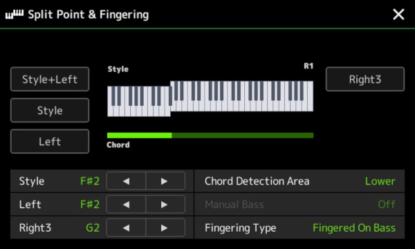 Split Point & Fingering screen showing default settings.