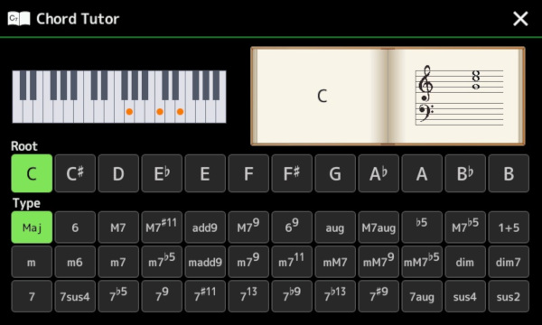 Chord Tutor screen showing C major chord.