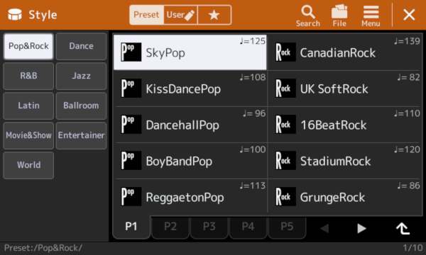 Style selection screen showing SkyPop in Pop&Rock category.