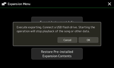 Expansion Menu showing prompt to install USB drive for Instrument Info export