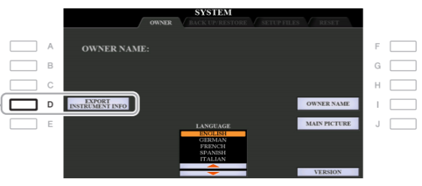 PSR-S970 SYStEM screen showing Owner tab and the Export Instrument Info button.