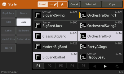 Jazz preset styles with 3 styles selected for copying.