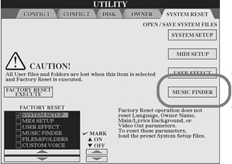 Utility - System Reset screen