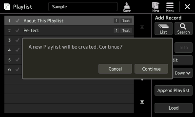 Playlist screen - confirmation that new playlist will be created.