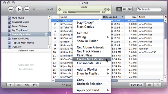 iTunes create MP3 option