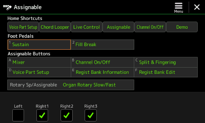 Assignable screen showing settings for Foot Pedals.