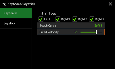keyboard/Joystick screen showing Keyboard options for initial touch.