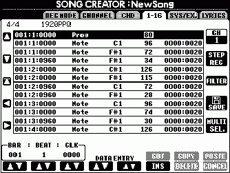 1-16 screen in the SONG CREATOR on PSR2k