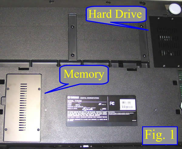 Bottom of T2 showing position of hard drive and memory.